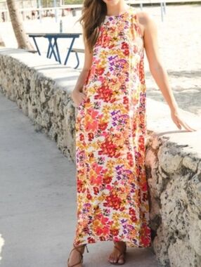 Natural Life Katie Floral Neon Pop Maxi Dress Size L/XL Vacation Resort Bohemian